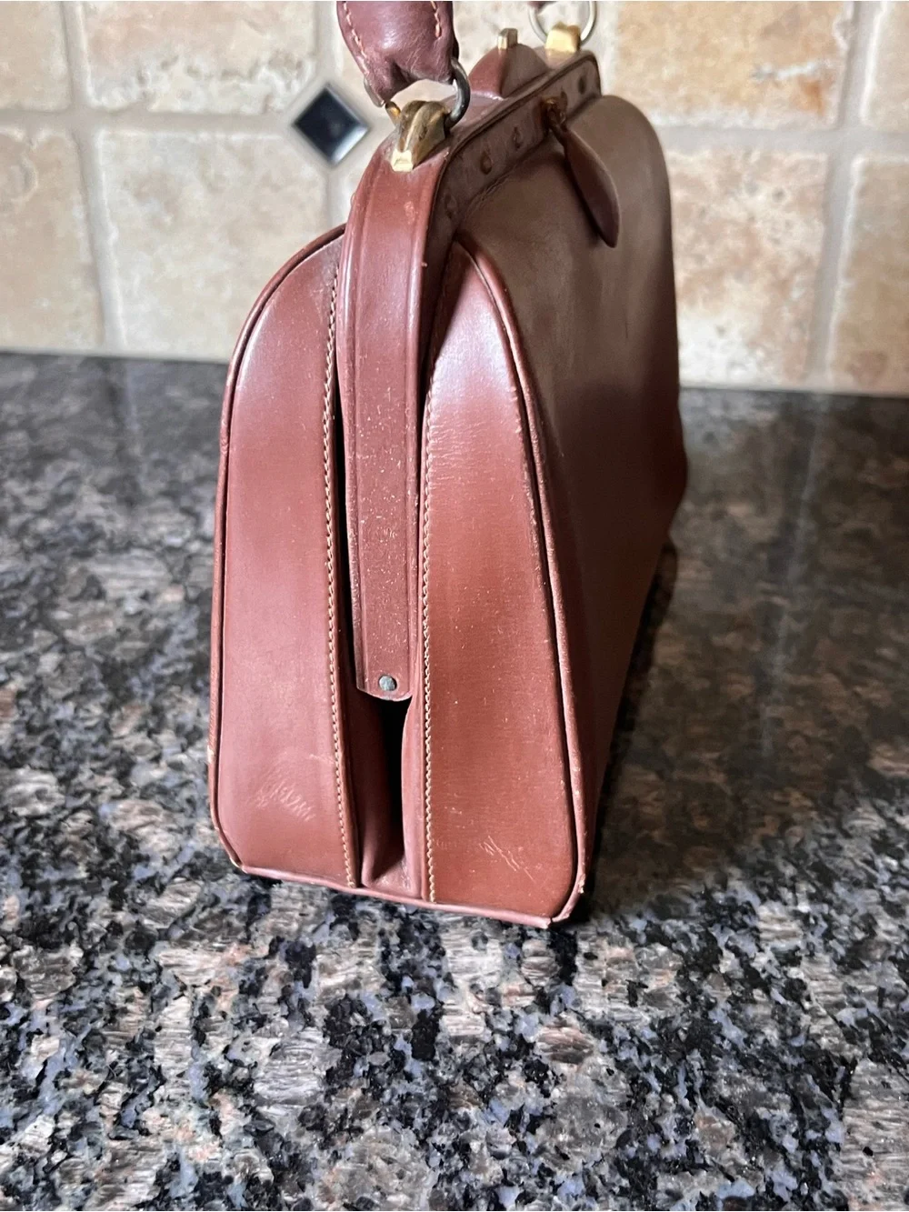 Vintage French Brown Leather| Made in France Top Handle Handbag | 1950s 1960s